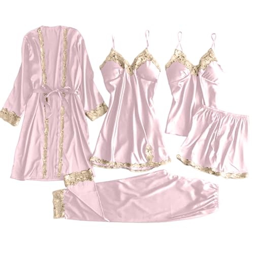 Pyjama rayé femme satin pour vos soirées cocooning en ensemble de nuit rose 5 pièces