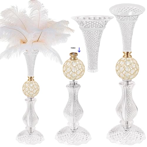 VIJIV Acrylic Tall Trumpet Vase Wedding Table Centerpiece Feather Holder