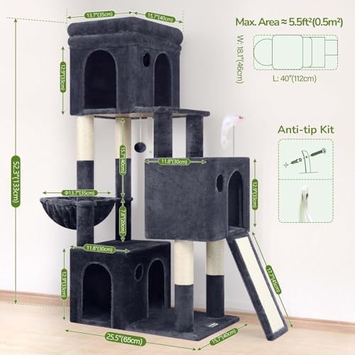 Image of Globlazer Heavy Duty Cat Tree for Indoor Cats Large Adult, F52B, Dark Grey | 3 Condos, Extra-Large Baseboard, Removable Top Perch, 4 Sisal Posts & Board, Hanging Basket, Anti-Topple Strap, Easy Setup