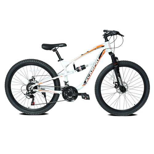 richvelo 24" Mountain Bike with 21-Speeds & Full Suspension Steel Frame, Alloy Rims, Disc Brakes for All Terrains, Men & Women, White
