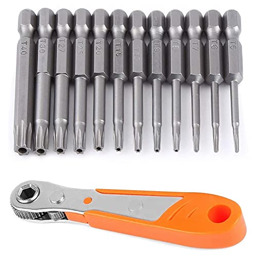 Jenoco Impact Driver Torx Bits Set Quick Change Star For Power Drill Bit Security Anti Tamper Proof Resistant Hollow 2 inch Connect 1/4 Hex Drive Shank Long Release Head + Ratchet (J7314)