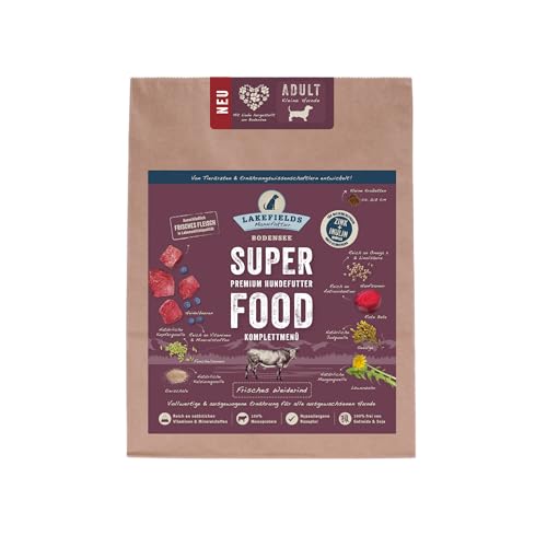 Lakefields SUPERFOOD | Premium Hundefutter trocken | 60% Rind | 1 x 1kg | Getreidefreies Trockenfutter für kleine ausgewachsene Hunde | Mit Heidelbeeren & Roter Beete | Von Tierärzten entwickelt
