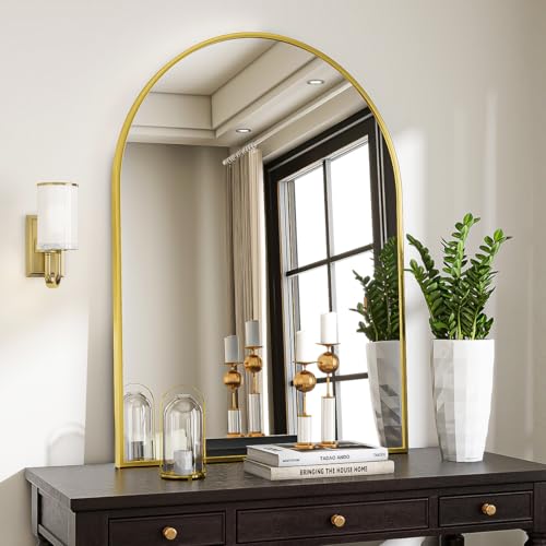 Image of VooBang Wide Arched Wall Mirror, 36 x 48 inch Arch Bathroom Mirror, Wall Mounted Vanity Mirror with Arch Metal Frame, Modern Bathroom Vanity Mirror for Bedroom, Living Room, Hanging or Leaning, Gold