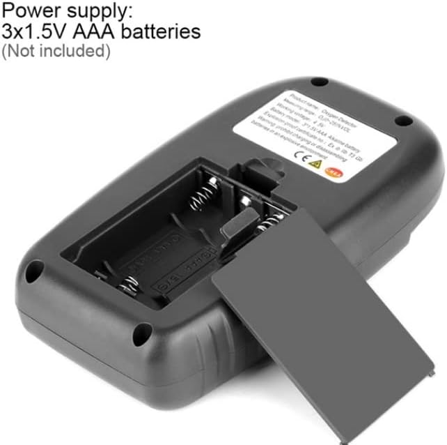 Open battery compartment of the WT8821 Oxygen Detector, showing slots for three AAA batteries