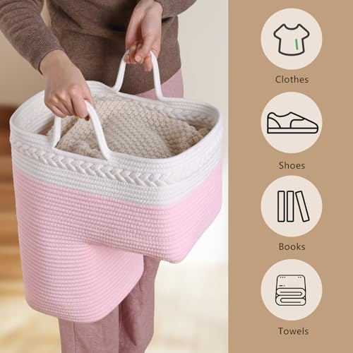 Image of Stair Basket for Wooden & Carpeted Stairs, Foldable Cotton Rope Step Basket with Handles, Staircase Storage Organizer, Pink, 15 inch Lx 10 inch W x 15 inch H