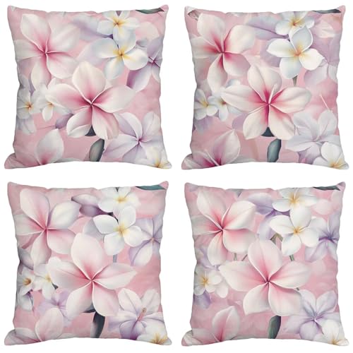Coussin Exterieur Impermeable Rose Lot de 4 Housse Coussin 45x45 cm Laurier Rose Velours Double Face Impression Cushion Covers avec Fermeture Éclair Invisible Désign, Decoration Jardin Exterieur z-655