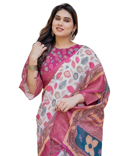 Image of ALMAARI FASHION Floral Printed Cotton Saree for Women with Handloom Zari Weave, Traditional Lightweight Ethnic Saree for Wedding Festive Office Party with Blouse Piece (LINEN 81-90 SH)