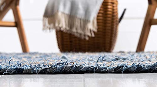 Image of Jute Braided Natural Hand Woven & Reversible Rug for Living Room Kitchen Entryway, Farmhouse Rustic Burlap Carpet Floor Mat (denimjute, 150cm)