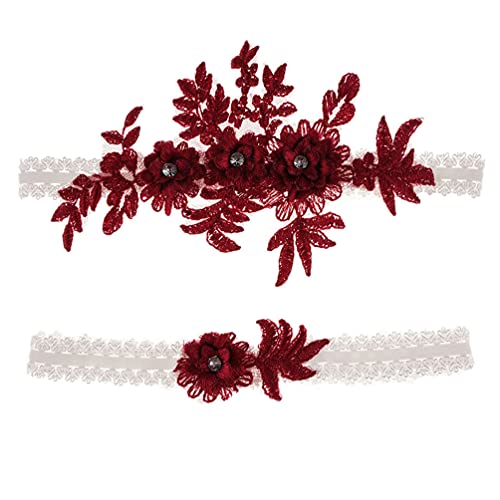 Preisvergleich Produktbild Hochzeitsstrumpfband-Set, Spitze, Brautstrumpfband, dehnbar, Blumenmuster, für Braut, Blau / Weiß, burgunderfarben, M (41 / 52 cm)