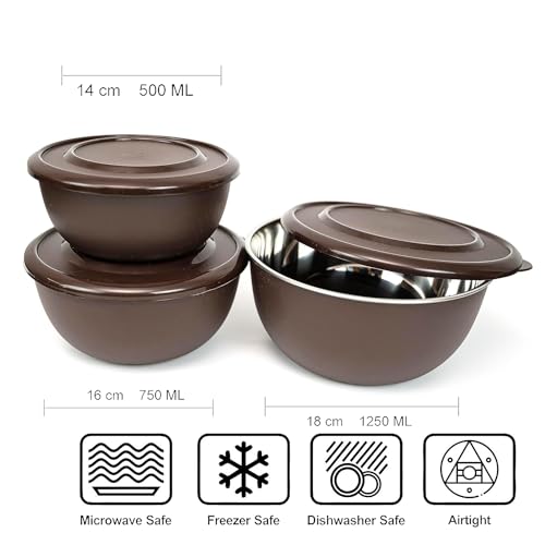 Image of Microwave Safe Stainless Steel Mixing Bowl Set with Lids - Set of 3 (500ml, 800ml, 1250ml) - Euro Style Food Storage Containers - Multipurpose Kitchen Bowls (3 Classic Dark Brown)