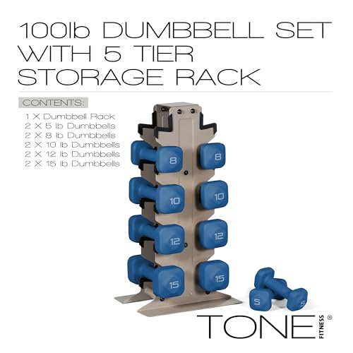 Image of Tone Fitness Neoprene Dumbbell Set with Storage Rack - Non-Slip, Anti-Roll Hand Weights for Home Gym Workouts | 20 lb, 32 lb, 50 lb, 60 lb & 100 lb Options