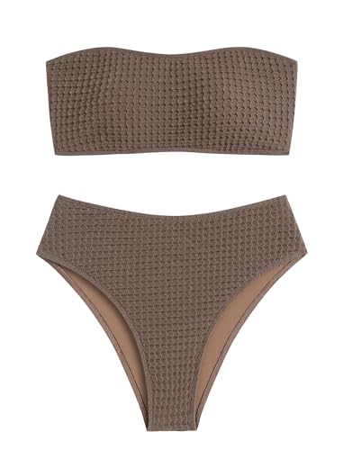 ZAFUL Women's High Cut Bandeau Bikini Set Strapless Solid Color 2 Pieces Bathing Suit Swimsuit