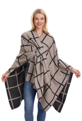 Szalowe Owijania dla Kobiet, Miękki Poncho-Peleryna z Otwartym Przodem, Oversize Sweter-Szalik na Wieczór, Ślub, Przyjęcie, Podróż, Taupe Kratka