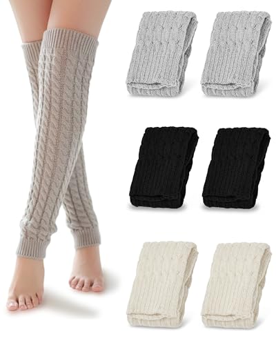 QUPOLPOL Scaldamuscoli a maglia da donna – 3 paia di morbidi calzini da stivale in acrilico lavorato a maglia a trecce per l'inverno, scaldamuscoli caldi ed elastici per donna, accessori di moda per