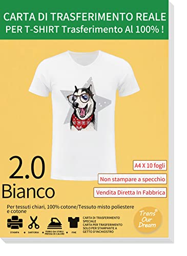TransOurDream Carta di trasferimento per stampanti a Getto d'inchiostro,Carta termoadesiva per Tessuti Chiari,Non Stampa a Specchio, Fogli DIN A4X10, Carta per Magliette Chiare (I-2-5.0-10)