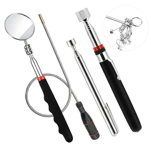 3-Piece Telescopic Magnetic Pickup Tool Set with Claw Grabber + 1-Piece 4-in-1 Professional 360 Rotating Telescopic Inspection Mirror for Automotive Repair& DIY (3.5LB/15LB Capacity)