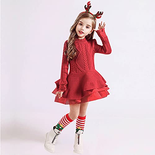 Girls Christmas Sweater Dress Toddler Kids Long Sleeve Solid Color Knit Sweater Dress Casual (Red, 3-4 Years)3