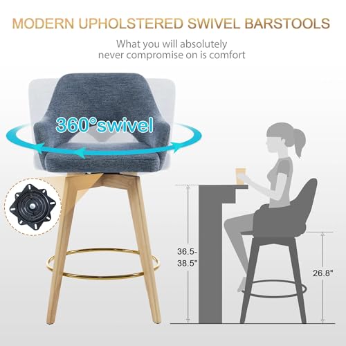 Image of Zesthouse Swivel Wooden Bar Stools Set of 2, Coastal Blue Counter Height Stools with Arm & Back, Upholstered Linen Fabric Barstools with Solid Wood Leg & Gold Metal Ring, High Chair for Kitchen Island