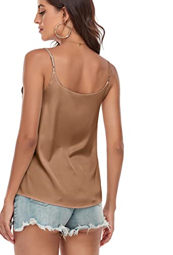 Wantschun Womens Silk Satin Spaghetti Strappy Tank Top Camisole Adjustable Strap Basic Cami Scoop Neck Scoop Neck - Brown ; 2X - Thumbnail 5