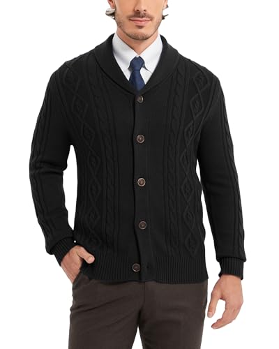 Kallspin Mens Wool Blend Cardigan Sweater Cable Knit Shawl Collar Cardigan Button Up Smart Casual Knitwear (Black L)