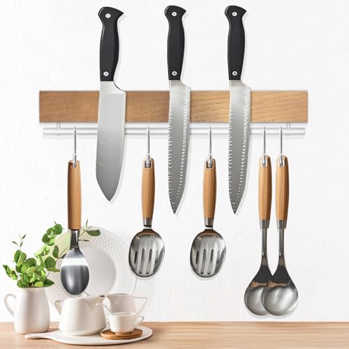 Dmore Magnetleiste Messer mit 5 Haken,30 cm Messerhalter magnetisch aus Holz, Magnet Messerhalter mit extra Starkem Magnet, inklusive Klebeband und...