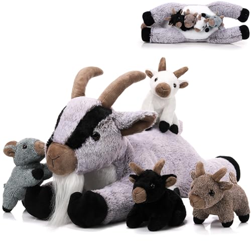 HyDren 5 Pcs Stuffed Goat Plush Toy Set 18 Inch Mommy Goat Stuffed Animal with 4 Babies Plushies in Her Tummy Soft Farm Plush Pillow Gifts for Kids...