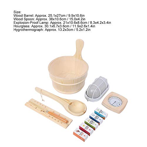 Jacksking Sauna Accessories, Sauna Room Home Spa Wood Sauna Bucket Spoon Explosion-Proof Lamp Hourglass Hygrothermograph Essential Oil Set