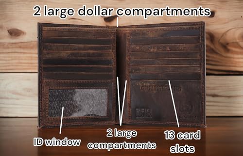 F&L CLASSIC RFID Blocking Mens Leather Bi-Fold Big Hipster Wallet, 13 credit card slots,buffalo vintage brown3