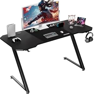 Gaming Tisch 120x60cm – Hochwertiger Carbon-PC-Tisch für Streamer & Gamer mit praktischem Kopfhörerhaken – Robuster Schreibtisch in schwarzem Design