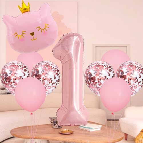 1st Birthday Decorations for Girls, Pink Birthday Decorations, Number 1 Balloon, HSC Pink Cat Princess Crown Balloons Set, 10Pcs 40 Inch for Girl & Kitten Themed Parties 