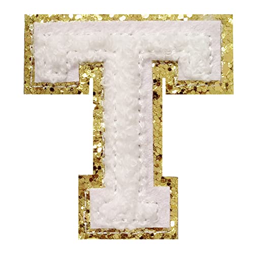 Letras de chenilla blancas, parches de letras de 5,6 cm, parches de letras de chenilla para ropa (T)