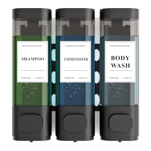 Shampoo and Conditioner Dispenser – Wall-Mounted Shower Soap Dispenser, No-Drill Installation, Lockable, 900 ml Capacity,for Bathroom & Hotel or Airbnb (Black, 3-Pack)