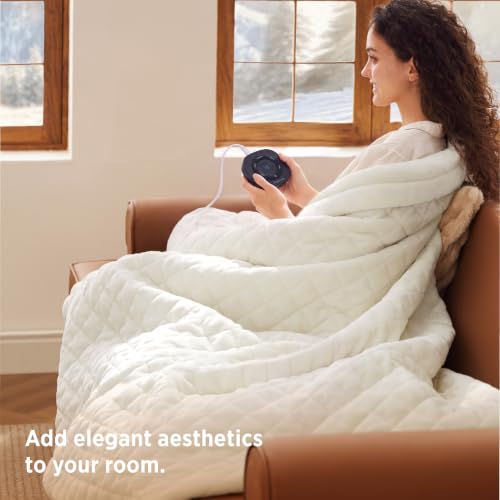 Image of Bedsure Luxury Quilted Heated Throw Blanket, Thick Electric Blanket, Ivory