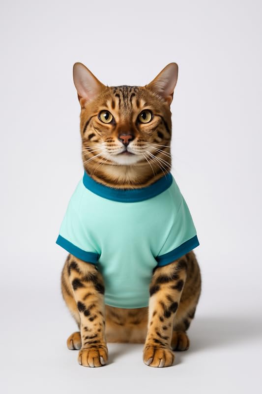 Image of Thunder Tails Printed Cat T-Shirt for Small to Large Cats & Kittens | Lightweight Breathable Cotton Pet Apparel | Cute & Stylish, Comfortable Round Neck Cat Clothes (S, Aqua)