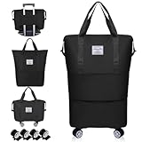 Cnwinu Faltbare Reisetasche mit Rollen, Erweiterbar Handgepäck Tasche, Reisetasche Groß mit Abnehmbar Rollen, Weekender Travel Bag für Damen und Herren, Reisetaschen für Fitnessstudio (Schwarz)
