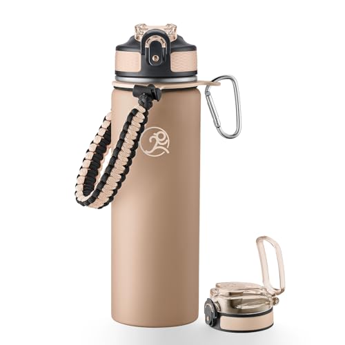 Image of GOSWAG 24oz Insulated Stainless Steel Travel Water Bottle, 2 Lids | with straw and no straw, Paracord handle, Double-wall vacuum keeps drinks cold or hot, Leakproof tumbler