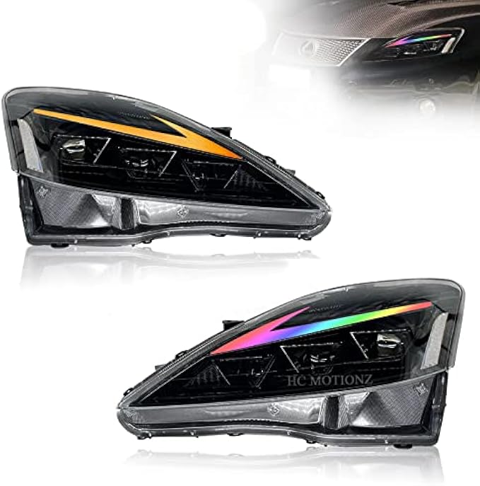 HCMOTIONZ HCmotion LED Headlights Compatible with Lexus IS250/ IS250C IS350 IS350C IS220d 2006-2013, ISF 2008-2014 With DRL Start UP Animation & Sequential Indicator & Amber Reflector (RGB-Clear)