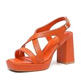 Amoji Women's Block Heels 4 Inch Platform Heels Ankle Strap Heels Lady Chunky Heeled Sandals 318 Orange Heels Size 9 women