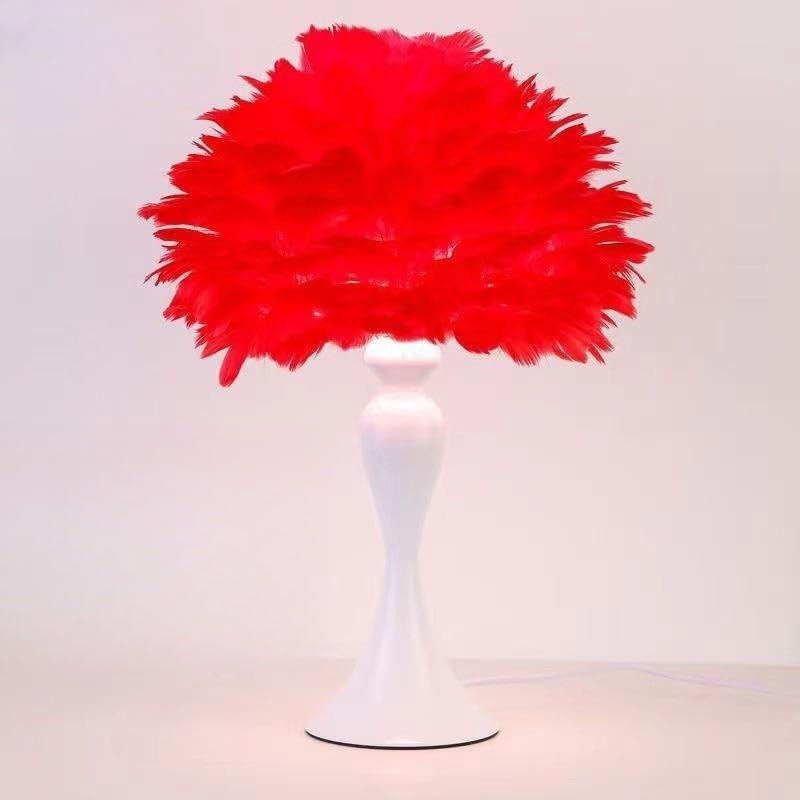 Lámpara de mesa de noche moderna de plumas rojas, lámpara de mesa decorativa de plumas de ganso, lámpara de ambiente de plumas de poste blanco con