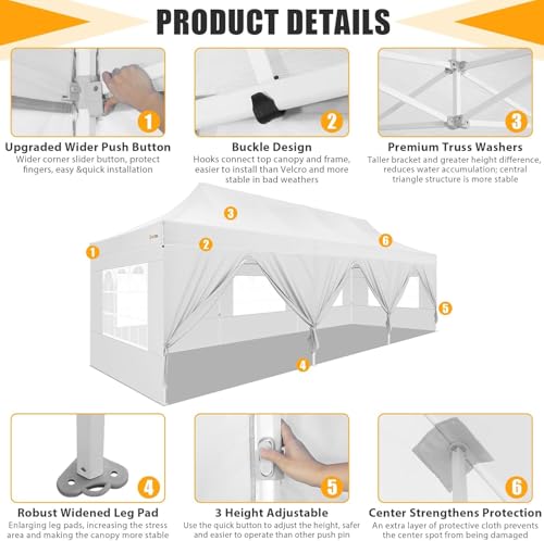 Image of HOTEEL 10x30 Heavy Duty Pop Up Canopy Tent with Sidewalls, Tents for Parties Commercial Party Tent Event Wedding Instant Canopy Waterproof with Carry Bag, UV 50+, Thicked Hexagonal Legs, White
