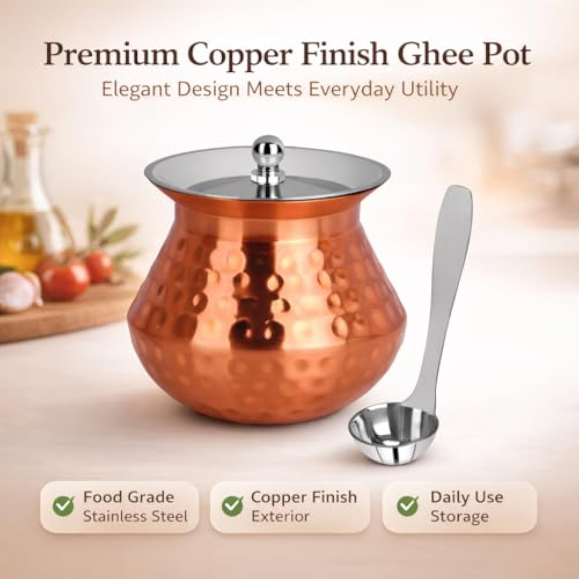 Copper Finish Ghee Pot with Lid, 350ml