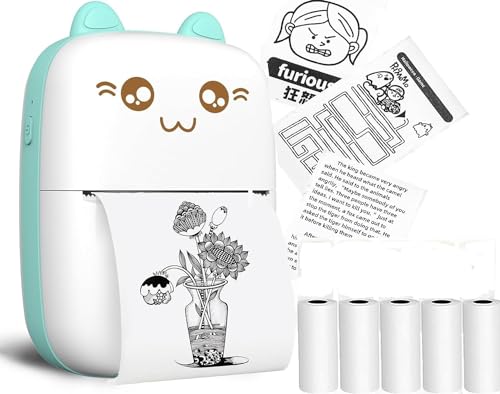 Image of Wireless Mini Printer Portable, Inkless Sticker Printer with 5 Rolls Paper,Bluetooth Thermal Printer Compatible with iOS + Android for Memo,Photo, Print Pod Best Gifts (White & Blue)