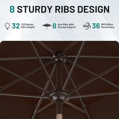 Image of AreShark 9ft 3 Tiers Patio Umbrella with Solar Lights, Outdoor Umbrella w / 32 LED Lights&8 Sturdy Ribs, Table Umbrella for Deck, Backyard, Pool (Dark Brown)