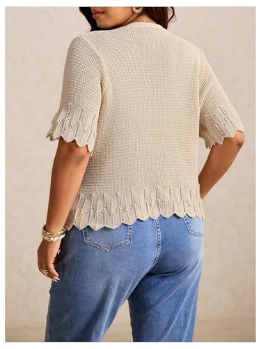 MakeMeChic Women's Lightweight Plus Size V Neck Sweater Button Down Scallop Knit Cardigan3