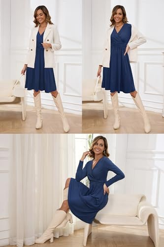 OUGES Women's Fall Long Sleeve Dress Casual Wrap V Neck Flowy Midi Wedding Guest Dresses with Pockets 20252