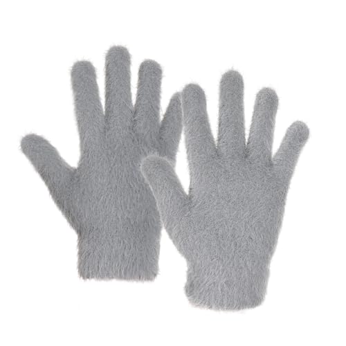 Bskifnn Winter Gloves Faux Fur Knit Stretchy Gloves for Women Cold Weather Running Driving Hiking Touch Magic Screen (Grey Adult)