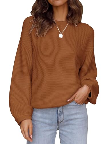 Image of ZESICA Women's Crew Neck Long Lantern Sleeve Fall 2026 Casual Loose Ribbed Knit Solid Soft Pullover Sweater Tops