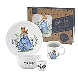 Farbe: weiß Kindergeschirr 5-teilig Dornröschen, Porzellan Kindergeschirr mit Kinderteller flach, Kinderteller tief, Kindertasse, Müslischale, Eierbecher, Geschirr, Gedeck, Kinderservice, Märchen
