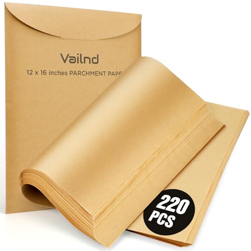Vailnd 220 Pcs Unbleached Parchment Paper Sheets for Baking, 12'' X 16'' Pre-cut Half Sheet Parchment Paper, Non Toxic | Non-Stick | Lay Flat Baking Paper for Cookies, Bread, Cooking, Air Frying, Oven