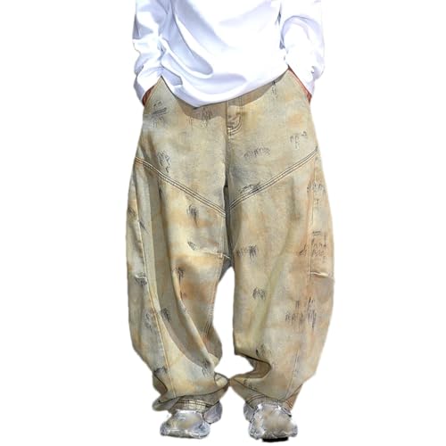 Men’S Hip Hop Loose Fit Heavyweight Baggy Harem Denim Pants Button Fly Distressed Wash Skate Graffiti Streetwear Cargo